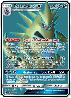 Carta Tyranitar GX de la expansión Truenos Perdidos, número 203/214
