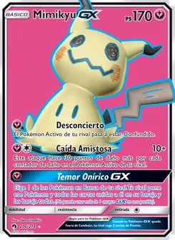 Carta Mimikyu GX de la expansión Truenos Perdidos, número 206/214