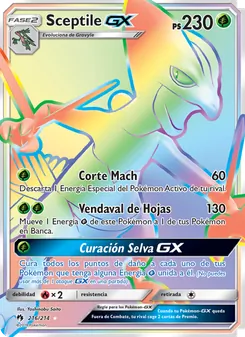 Carta Sceptile GX de la expansión Truenos Perdidos, número 216/214