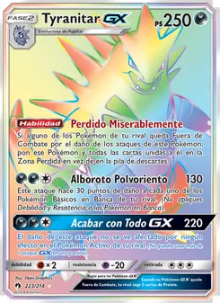 Carta Tyranitar GX de la expansión Truenos Perdidos, número 223/214