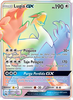 Carta Lugia GX de la expansión Truenos Perdidos, número 227/214