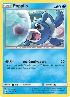 Carta Popplio de la expansión Truenos Perdidos, número 64/214
