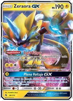 Carta Zeraora GX de la expansión Truenos Perdidos, número 86/214