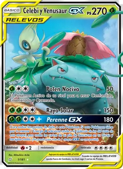 Carta Celebi y Venusaur GX de la expansión Union de Aliados, número 1/181