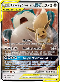 Carta Eevee y Snorlax GX de la expansión Union de Aliados, número 120/181