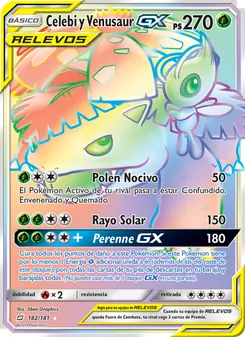 Carta Celebi y Venusaur GX de la expansión Union de Aliados, número 182/181