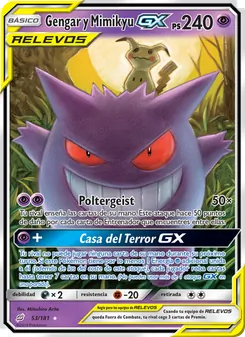 Carta Gengar y Mimikyu GX de la expansión Union de Aliados, número 53/181
