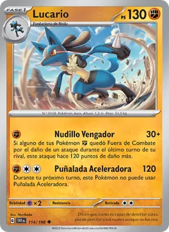 Carta Lucario de la expansión Escarlata y Púrpura, número 114/198