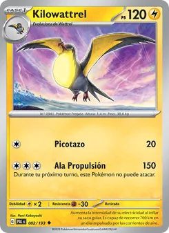 Carta Kilowattrel de la expansión Evoluciones en Paldea, número 082/193