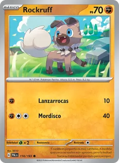 Carta Rockruff de la expansión Evoluciones en Paldea, número 116/193