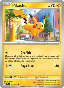 Carta Pikachu de la expansión Destinos de Paldea, número 018/91