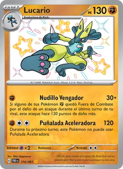 Carta Lucario de la expansión Destinos de Paldea, número 174/91