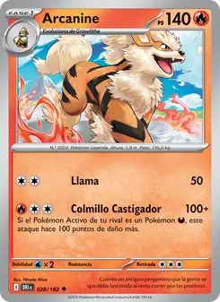 Carta Arcanine de la expansión Rivales Predestinados, número 028/182