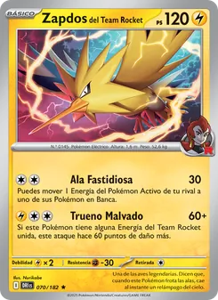 Carta Zapdos del Team Rocket de la expansión Rivales Predestinados, número 070/182