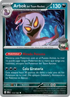 Carta Arbok del Team Rocket de la expansión Rivales Predestinados, número 113/182