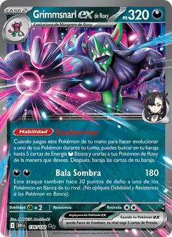 Carta Grimmsnarl ex de Roxy de la expansión Rivales Predestinados, número 136/182
