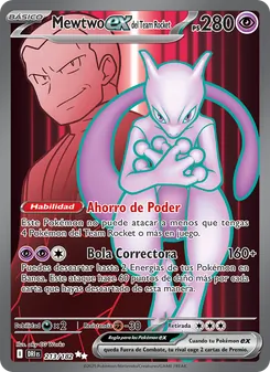 Carta Mewtwo ex del Team Rocket de la expansión Rivales Predestinados, número 213/182