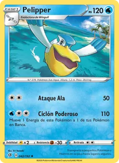 Carta Pelipper de la expansión Choque Rebelde, número 42/192