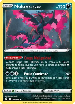 Carta Moltres de Galar de la expansión Cielos Evolutivos, número 93/203