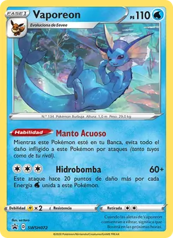 Carta Vaporeon de la expansión Cartas de promoción ESES, número SWSH072/307
