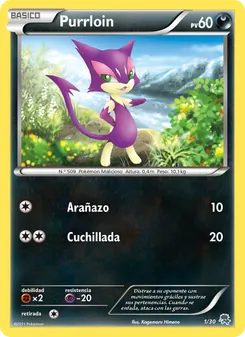 Carta Purrloin de la expansión Kit de Entrenador XY (Pikachu Enmascarada), número 1/30