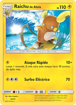 Carta Raichu de Alola de la expansión Kit de Entrenador Sol y Luna (Raichu de Alola), número 30/30