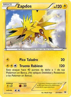 Carta Zapdos de la expansión Cielos Rugientes, número 23/108
