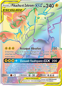 Carte Pikachu et Zekrom GX de l'extension Duo de Choc, numéro 184/181