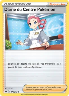 Carte Dame du Centre Pokémon de l'extension Épée et Bouclier, numéro 176/202