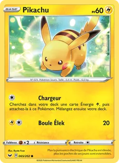 Carte Pikachu de l'extension Épée et Bouclier, numéro 65/202