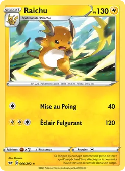 Carte Raichu de l'extension Épée et Bouclier, numéro 66/202