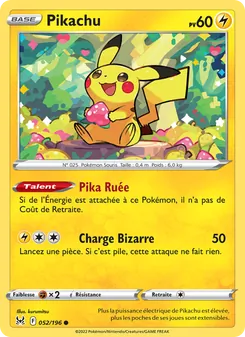 Carte Pikachu de l'extension Origine Perdue, numéro 052/196