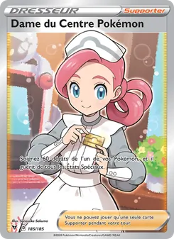 Carte Dame du Centre Pokémon de l'extension Voltage Éclatant, numéro 185/185