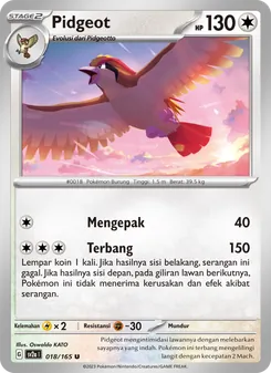 Kartu Pidgeot dari Kartu Pokémon 151, nomor 018/165