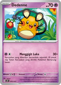 Kartu Dedenne dari Quaxly & Mimikyu ex, nomor 005/23