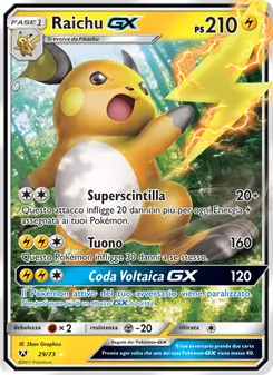 Carta Raichu GX dell'espansione Leggende Iridescenti, numero 29/73