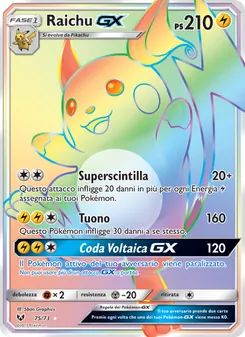 Carta Raichu GX dell'espansione Leggende Iridescenti, numero 75/73