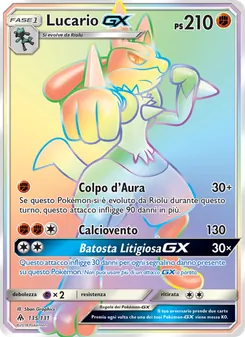 Carta Lucario GX dell'espansione Apocalisse Di Luce, numero 135/131