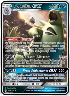 Carta Tyranitar GX dell'espansione Tuoni Perduti, numero 121/214