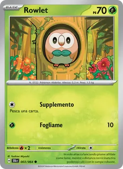 Carta Rowlet dell'espansione Segreto Fiabesco, numero 003/64