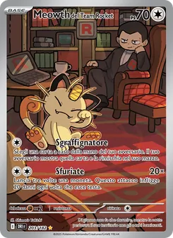Carta Meowth del Team Rocket dell'espansione Rivali Predestinati, numero 203/182