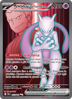 Carta Mewtwo-ex del Team Rocket dell'espansione Rivali Predestinati, numero 213/182