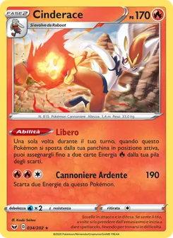 Carta Cinderace dell'espansione Spada e Scudo, numero 34/202
