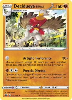 Carta Decidueye di Hisui dell'espansione Lucentezza Siderale, numero 082/189