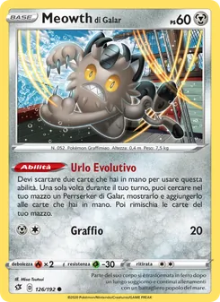 Carta Meowth di Galar dell'espansione Fragore Ribelle, numero 126/192